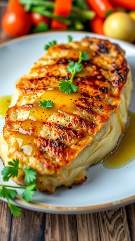 Roasted Cabbage Steaks with Garlic and Herbs Roasted cabbage steak with garlic and herbs, garnished with parsley on a wooden table.